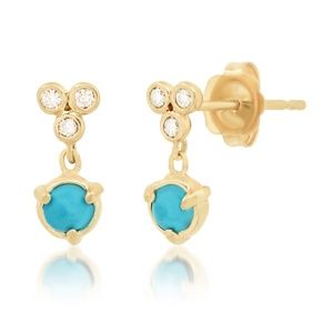 "Claw" Bezel Drop 14k Gold and Diamond Stud Earring with Turquoise